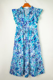 Sky Blue Plus Abstract Print Split Neck Ruffled Sleeve Tiered Long Dress