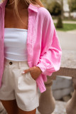 Bonbon Solid Color Puff Sleeve Crinkled Shirt