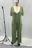 Green V Neck Wide Leg One Piece Jumpsuit