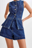 Sleeveless Button Up Denim Top and Shorts Set