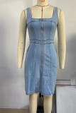 Zipper Design Sleeveless Denim Tank Dress