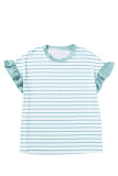 Green Stripe Ruffled Sleeve Crew Neck T Shirt