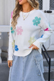Floral Color Block Round Neck Knit Sweater