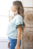 Green Stripe Ruffled Sleeve Crew Neck T Shirt
