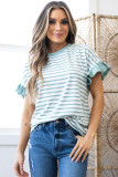 Green Stripe Ruffled Sleeve Crew Neck T Shirt