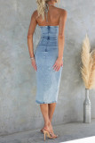 Halter Neck Backless Denim Split Dress
