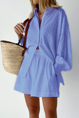 Plain Texture Puff Sleeves Shirt Shorts 2PCS Set