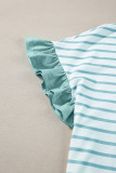 Green Stripe Ruffled Sleeve Crew Neck T Shirt