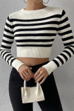 Striped Short Length Long Sleeves Knit Sweater