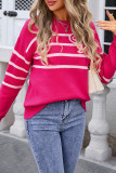 Striped Bow Round Neck Floral Knit Sweater