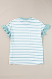 Green Stripe Ruffled Sleeve Crew Neck T Shirt