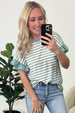 Green Stripe Ruffled Sleeve Crew Neck T Shirt