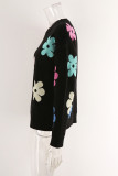 Floral Color Block Round Neck Knit Sweater