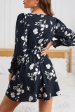 Lantern Sleeves Navy Floral Dress