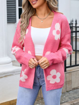 Flower Pattern Plus Size Open Front Knit Sweater