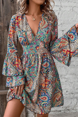 Flare Sleeves V Neck Boho Printed Dress