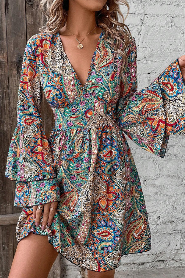 Flare Sleeves V Neck Boho Printed Dress