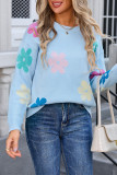 Floral Color Block Round Neck Knit Sweater