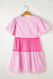 Pink Ricrac Block Accent Puff Short Sleeve Flowy Plus Dress