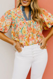 Multicolour Floral Print Bubble Sleeve V Neck Blouse