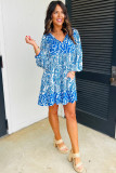 Sky Blue Bohemian Print Puff Sleeve Tied V Neck Flared Mini Dress