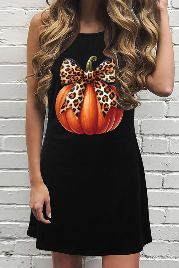 Pumpkin Coquette Halloween Leopard Bow Print Tank Dress