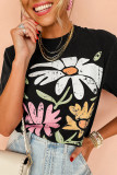 Black Retro Floral Print Crew Neck Casual T Shirt