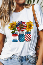 White American Flag Sunflower Graphic T Shirt