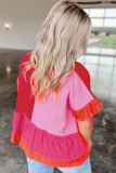 Tomato Red Mix Knitted Patchwork Ruffle Trim Loose Sweater