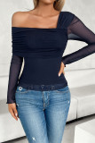 One Shoulder Sheer Mesh Sleeves Top