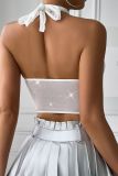 Halter Neck Rhinestone Mesh Fishbone Corset Top