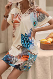 V Neck Fold Sleeves Printed Dress