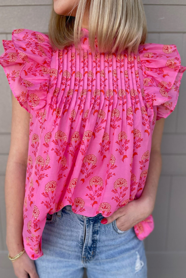 Rose Red Floral Print Pleated Ruffled Flutter Sleeve Blouse