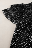 Black Dotted Ruffle Sleeve Crew Neck Ruched Blouse