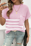 Stripes Pocket SHort Sleeves Knitting Top
