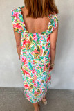 White Floral Print Ruffled Sleeveless Midi Dress