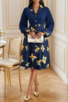 Blue Puff Sleeves Shirt Dress