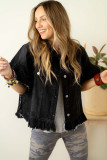 Black Raw Edge Ruffled Short Sleeve Denim Jacket