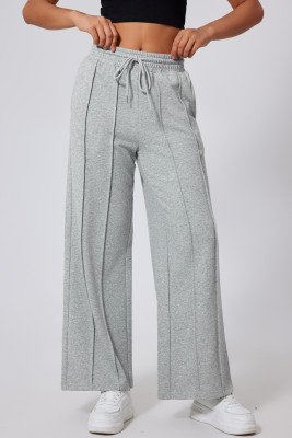 Gray Seamed Drawstring High Waist Wide Leg Sweatpants