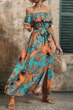 Off Shoulder Ruffle Printed SPlit Dress
