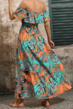 Off Shoulder Ruffle Printed SPlit Dress