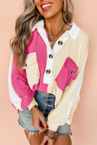 Rose Red Colorblock Ribbed Collared Oversized Sweatshirt