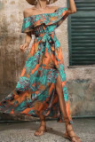 Off Shoulder Ruffle Printed SPlit Dress