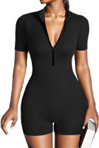 Ribbed Knitting Short Sleeves One Piece Biker Romper