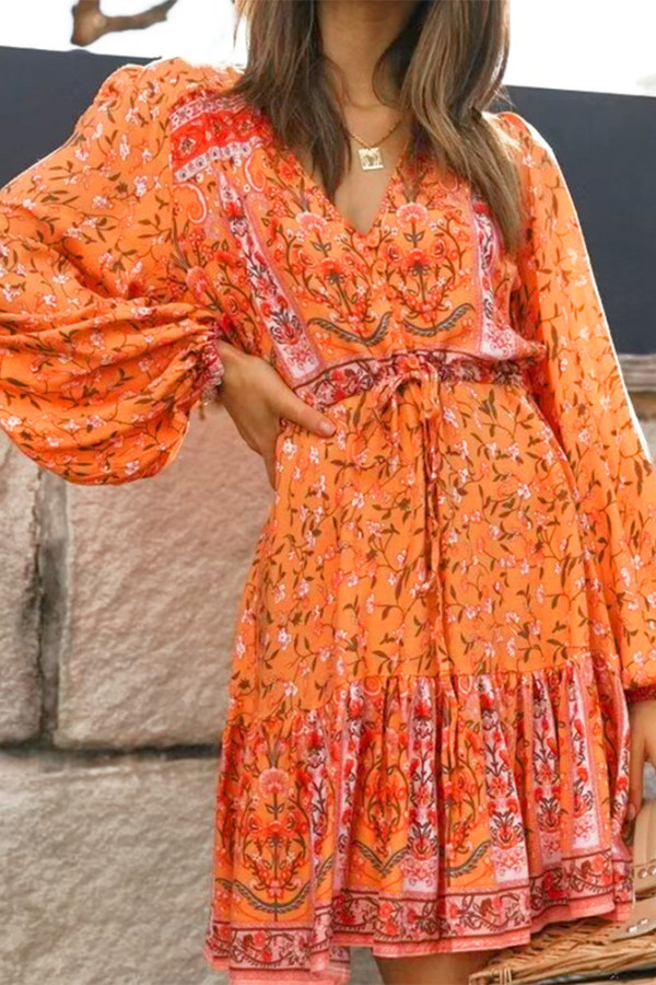Boho V Neck Puff Sleeves Dress