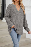 Ribbed Knitting V Neck Button Long Sleeves Top
