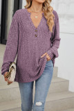 Ribbed Knitting V Neck Button Long Sleeves Top