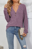 Ribbed Knitting V Neck Button Long Sleeves Top