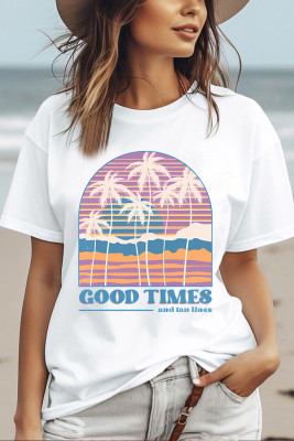 White Coconut Tree GOOD TIMES Graphic Crewneck T Shirt