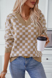 Checked Plaid V Neck Knitting Sweater